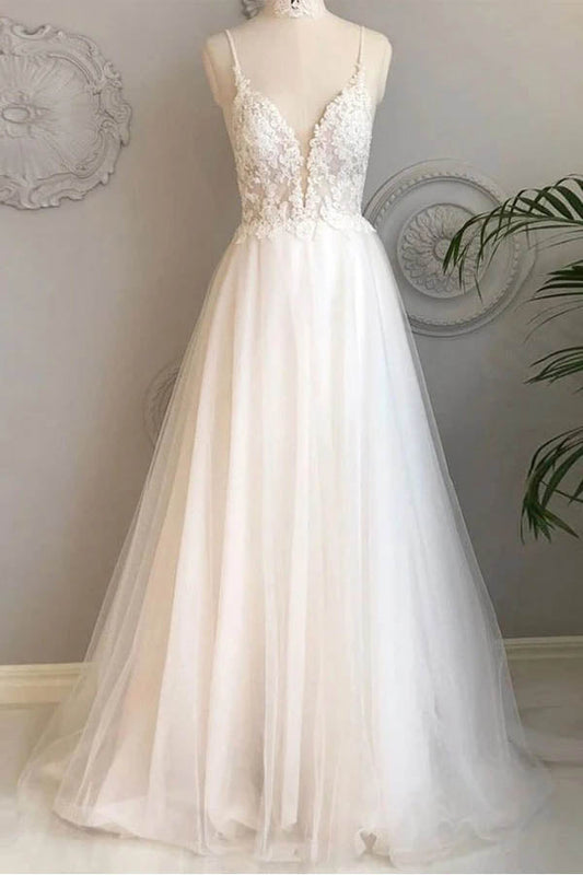 Simple A-line Beach Wedding Dress with Spaghetti Straps and Lace, WD23022811