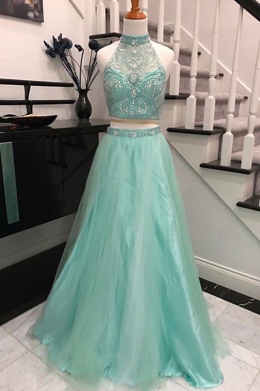 Sky Blue Beaded Halter Two-Piece Prom Dress, PD23030215