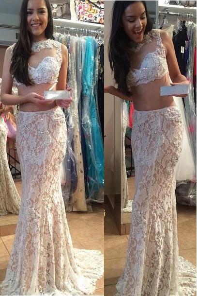 Backless Lace Mermaid Two-Piece Long Prom Dress with Beading, PD23030320