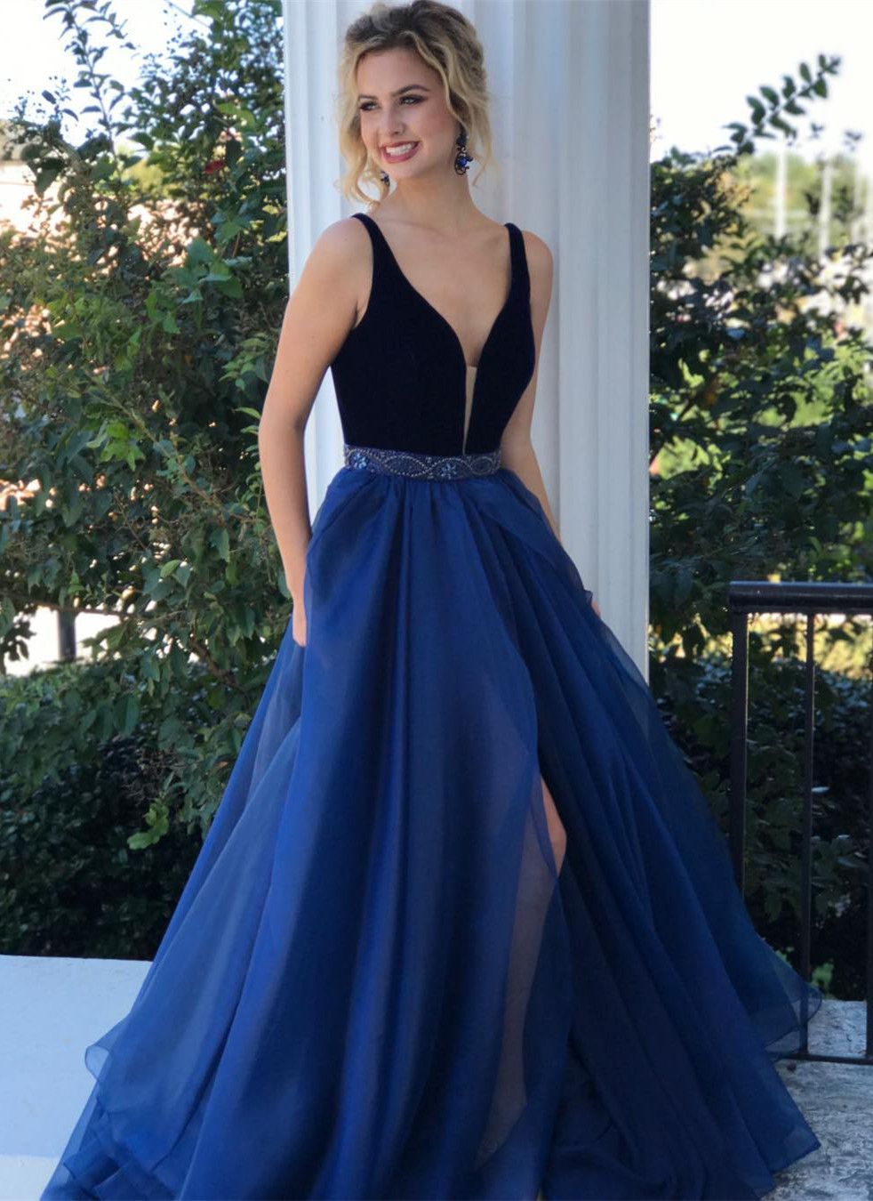 blue dress for baby girl Royal Blue and Black Chiffon A-Line Prom Dress with V-Neck, Side Slit and  Beaded Detail