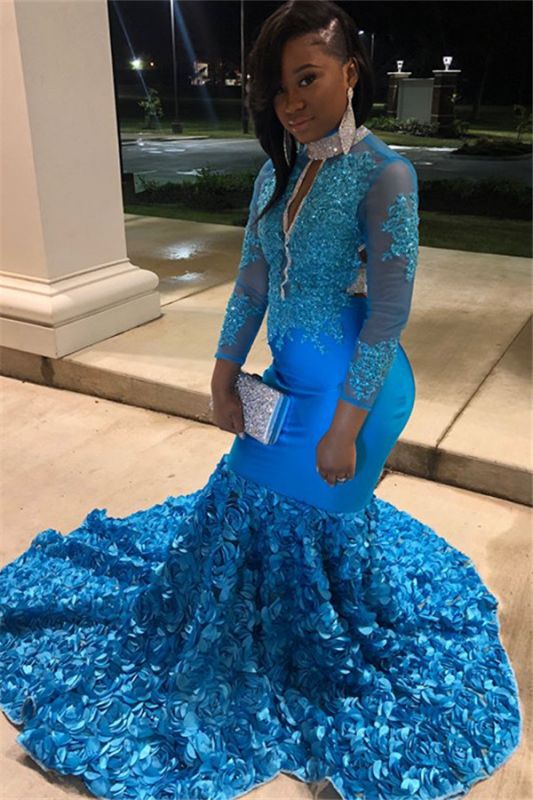 Blue Rose V-Neck Backless Mermaid Prom Dress with Long Sleeves - JLDressCA Blue Rose V-Neck Backless Mermaid Prom Dress with Long Sleeves - JLDressCA