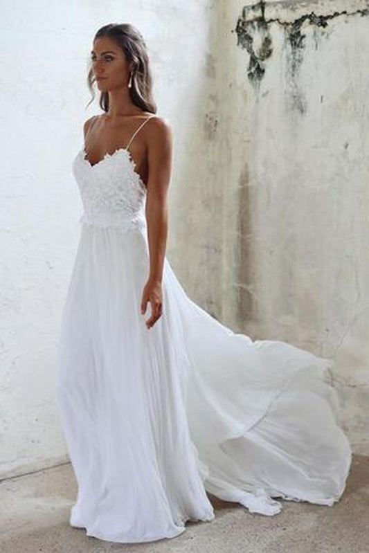 White Open Back Beach Wedding Dress with Spaghetti Straps and Lace, WD23022718