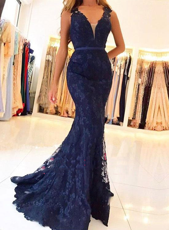Navy Lace Sheath Prom Dress with V-neckline | JLDressCA Navy Lace Sheath Prom Dress with V-neckline | JLDressCA