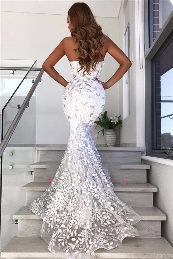 Alluring White Mermaid Prom Dress with Sweetheart Lace Neckline | JLDressCA Alluring White Mermaid Prom Dress with Sweetheart Lace Neckline | JLDressCA