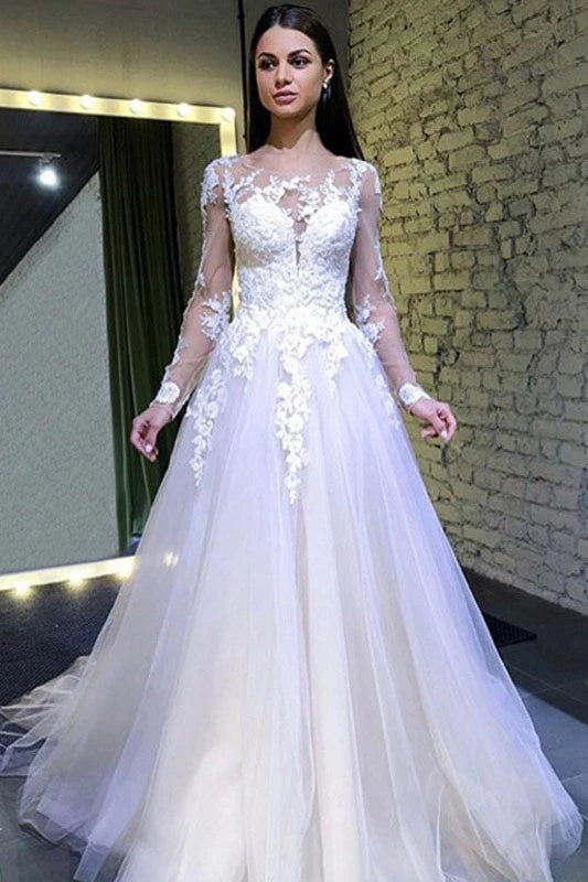 round neck long sleeve wedding dress Round Neck See-Through Pagoda Sleeves Wholesale Wedding Dresses