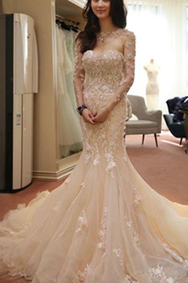 Two-Piece Pink Mermaid Long Sleeve Wedding Dress with Appliques | JLDressCA Two-Piece Pink Mermaid Long Sleeve Wedding Dress with Appliques | JLDressCA