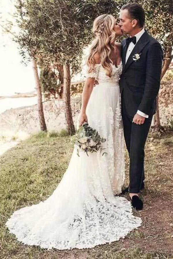 Rustic Ivory Lace Beach Wedding Dress | Off-Shoulder Neckline | JLDressCA US22W / Custom Color Rustic Ivory Lace Beach Wedding Dress | Off-Shoulder Neckline | JLDressCA US22W / Custom Color