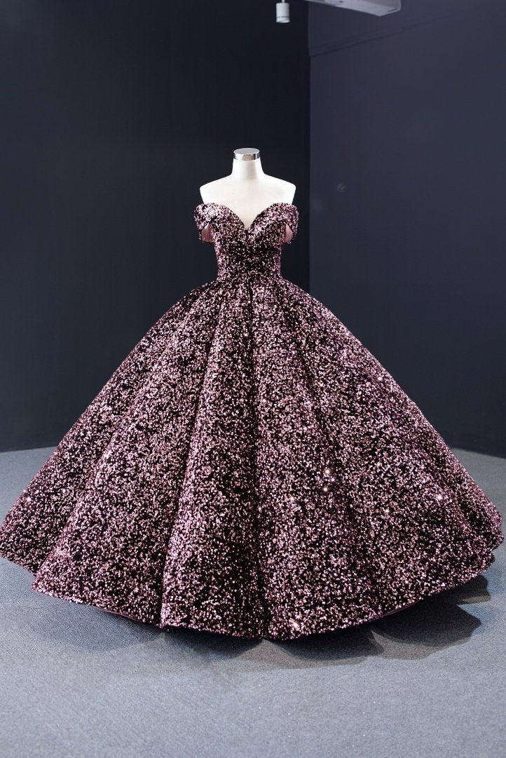 Shop Modest Sequin Ball Gown Off-Shoulder Floor-Length Prom Dress at JLDressCA Shop Modest Sequin Ball Gown Off-Shoulder Floor-Length Prom Dress at JLDressCA