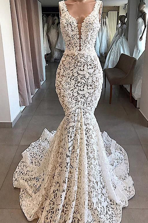 Vintage Ivory Lace Mermaid Wedding Dress with V-neck and Open Back | JLDressCA Vintage Ivory Lace Mermaid Wedding Dress with V-neck and Open Back | JLDressCA