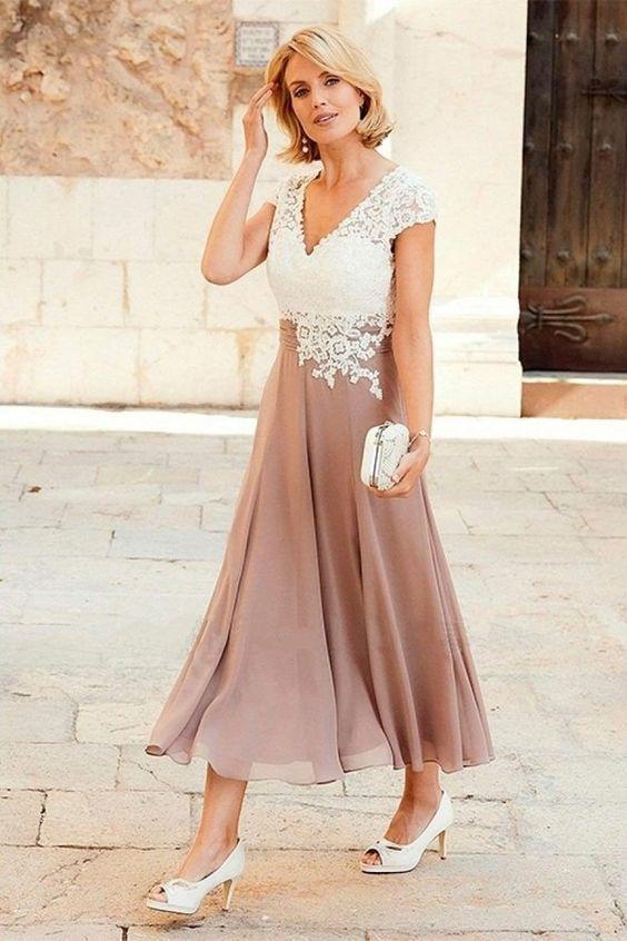 V-Neck Chiffon Cap Sleeve Mother of the Bride Lace Prom Dress, MBD23030712
