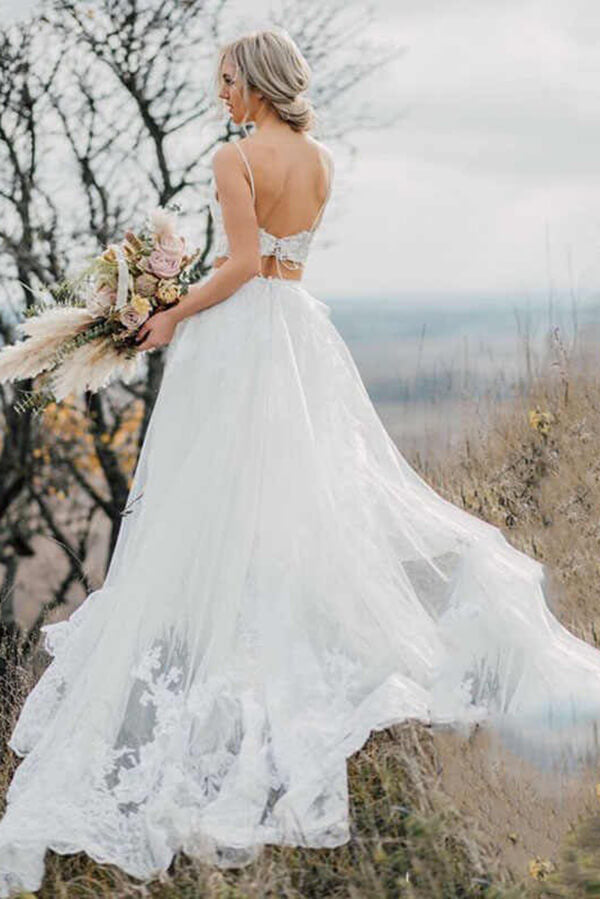 Two Pieces Lace Appliques Spaghetti Straps Wedding Dresses Bridal Gown US2 / Custom Color Two Pieces Lace Appliques Spaghetti Straps Wedding Dresses Bridal Gown US2 / Custom Color