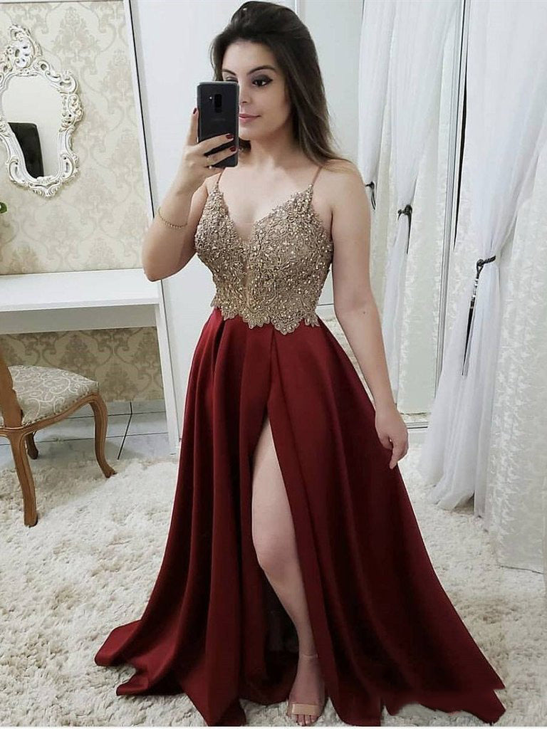 Burgundy Satin Prom Dress with Gold Applique Beading JLDressCA