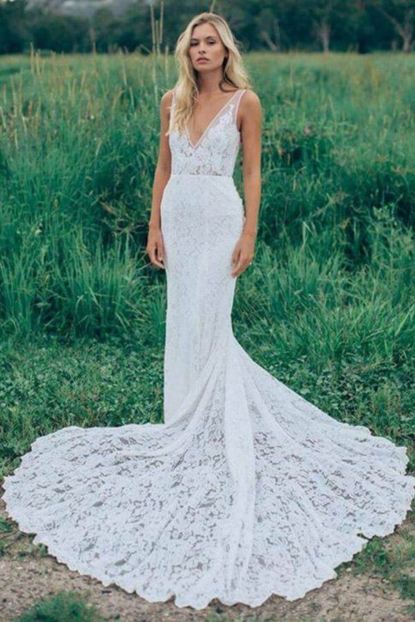 Lace Sheath Wedding Dress with V-Neck and Train | JLDressCA US16W / Pic Color Lace Sheath Wedding Dress with V-Neck and Train | JLDressCA US16W / Pic Color
