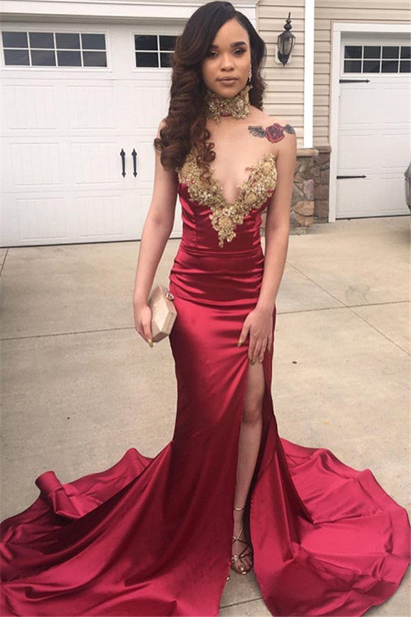 Burgundy Gold Applique Sweetheart Elastic Satin Prom Dress with High Slit - JLDressCA Burgundy Gold Applique Sweetheart Elastic Satin Prom Dress with High Slit - JLDressCA
