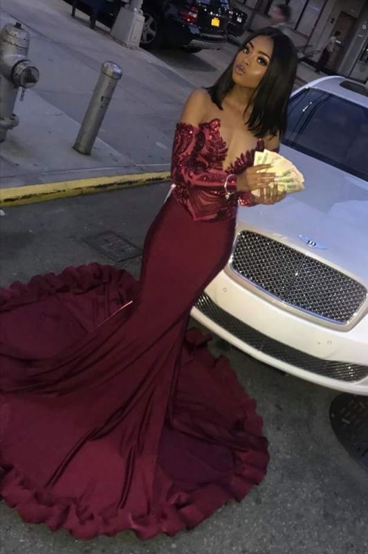 Shop Alluring Burgundy Mermaid Prom Dress with Off-the-Shoulder Sweetheart Neckline and Long Sleeves - JLDressCA Shop Alluring Burgundy Mermaid Prom Dress with Off-the-Shoulder Sweetheart Neckline and Long Sleeves - JLDressCA
