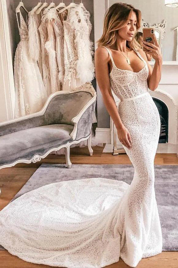 Ivory Mermaid Vintage Wedding Dress with Scoop Neck, Open Back and Lace Details - JLDressCA Ivory Mermaid Vintage Wedding Dress with Scoop Neck, Open Back and Lace Details - JLDressCA