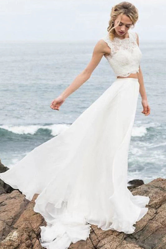 Chiffon Two-Piece Wedding Dress with Lace Straps, WD23022681