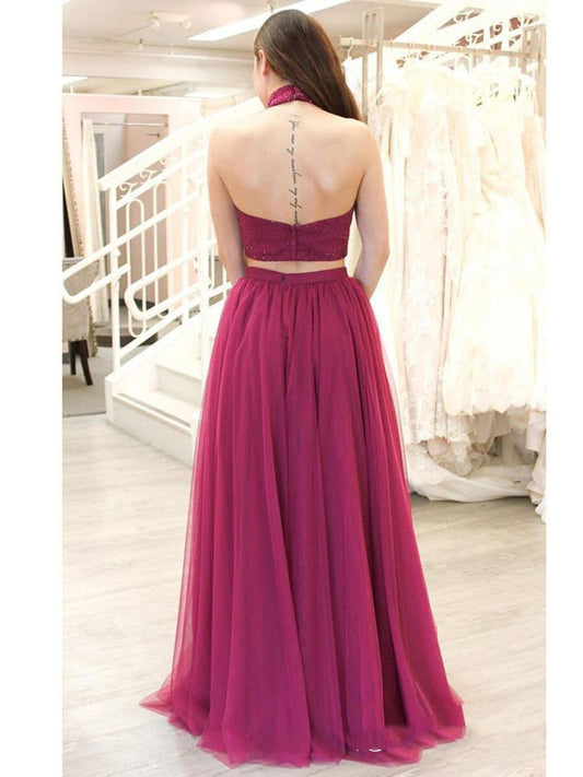 Burgundy Two-Piece Halter Sleeveless Beaded Split-front Tulle Prom Dress, PD23031321