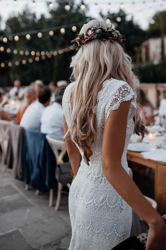 Boho Mermaid Wedding Dress with Cap Sleeves and Backless Design, WD23022699