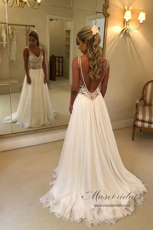 Open Back Chiffon A-line Wedding Dress with Lace Appliques, WD230223116
