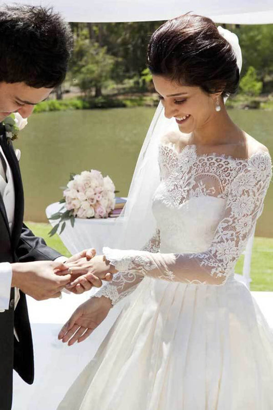 Off Shoulder Satin Lace A-line Long Sleeves Wedding Dress, WD2302238