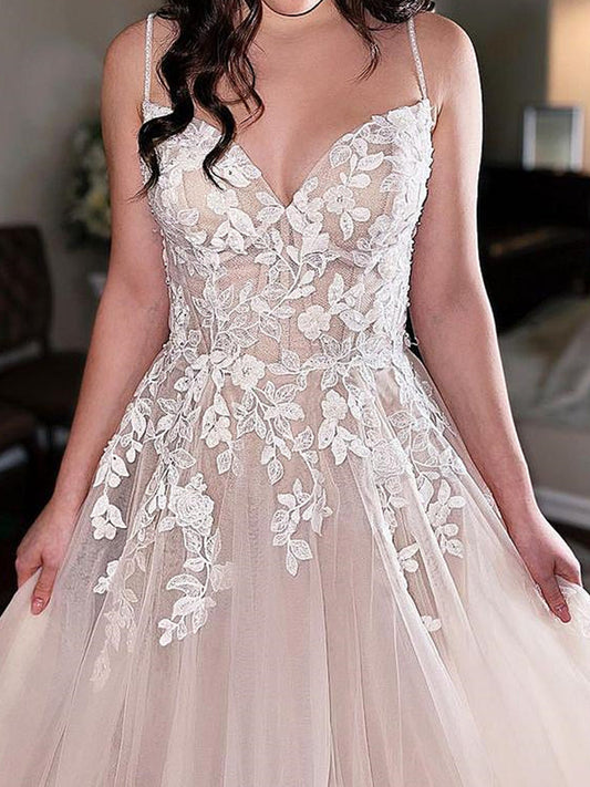 Champagne V-Neck Lace Wedding Dress, WD23022630