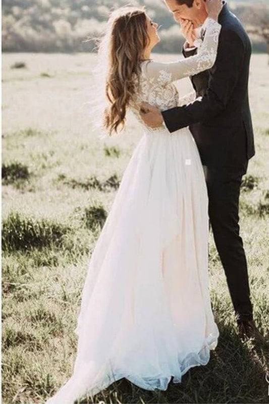 Rustic Ivory Long Sleeve Lace Beach Wedding Dress, WD23041111