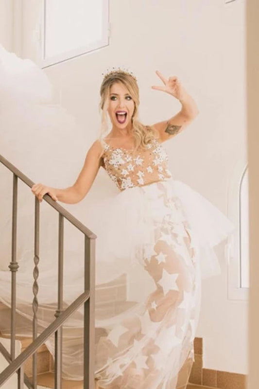 Ivory See-Through Wedding Dress with Star Lace Pattern, WD2303238