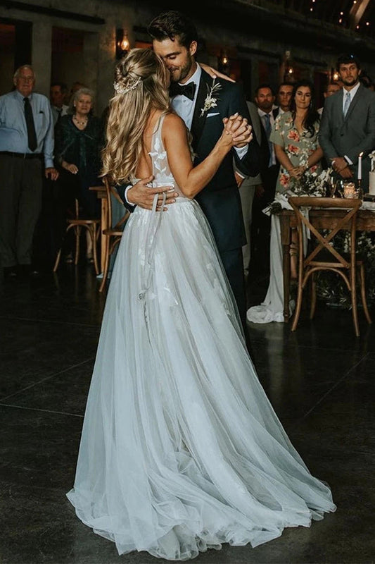 V-Neck A-Line Wedding Dress with Appliques and Tulle, WD230226111