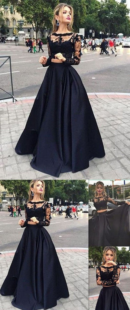 Two-Piece Black Ball Gown with Long Sleeves, Perfect for Prom or Party, PD2303047
