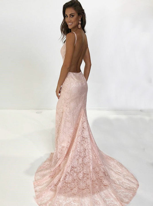 Pearl Pink Sheath Prom Dress with Halter Neckline, Lace, and Backless Design, PD23030815