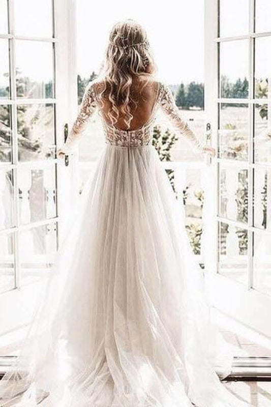 See Through Beaded Long Sleeve Boho Wedding Dress with Floral Lace, WD2302278