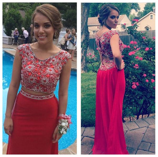 Red Beaded Mermaid Two-Piece Prom Dress, PD23030210