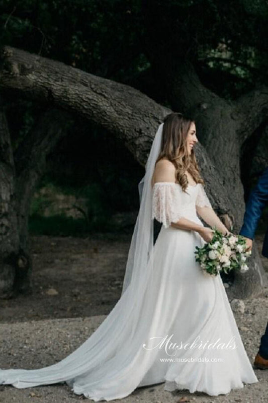 Bohemian Off-the-Shoulder A-Line Chiffon Lace Beach Wedding Dress, WD23022355