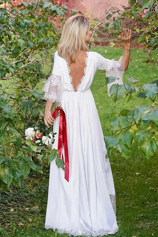 Boho Satin Wedding Dress with V-neck, V-back and Lace Details, WD2303045
