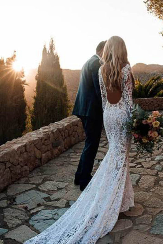 Rustic Mermaid Wedding Dress with Long Sleeves and See-Through Lace , WD23022377