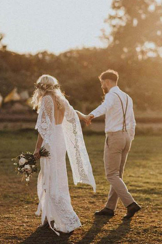 Rustic Ivory Sheath Boho Lace Wedding Dress with Batwing Sleeve, WD2302277