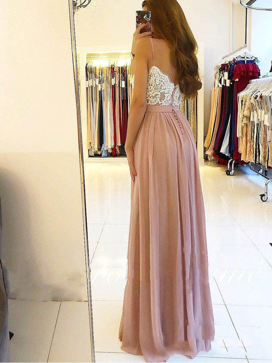Dusty-Rose Lace Sweetheart Sleeveless Applique Split-Front Chiffon Botton Prom Dress, PD23031328