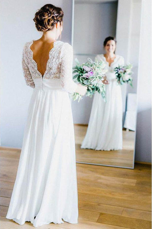 Rustic Backless Lace and Chiffon Wedding Dress with 3-4 Sleeves, WD23022674
