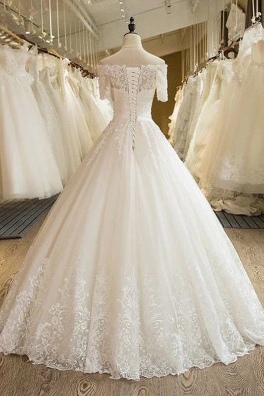Off-the-Shoulder Ball Gown Wedding Dress with Ivory Lace, WD23022348