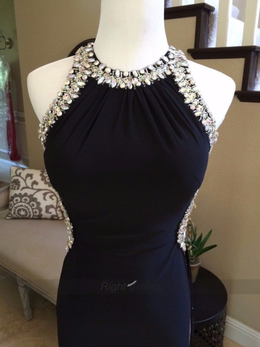 side slit beaded black backless halter formal charming 2017 long prom dress, PD9776