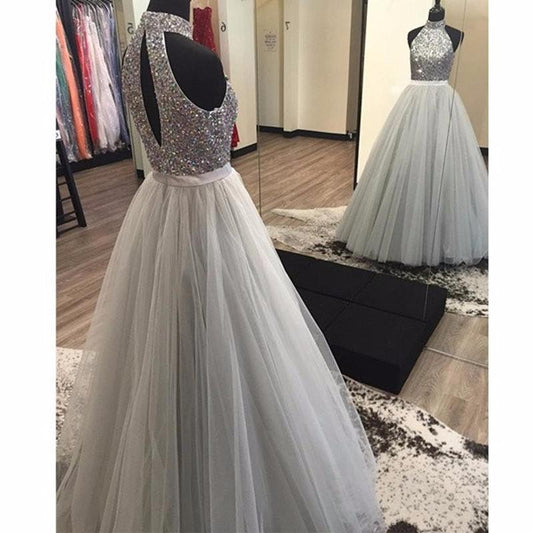 high neck gray tulle beaded top A-line long prom dress, PD8876