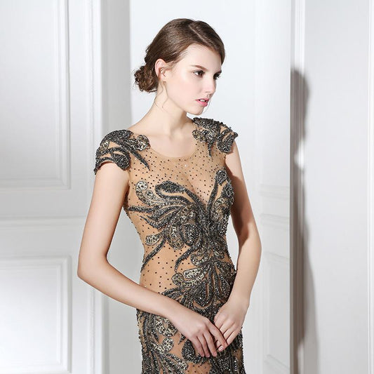 Sexy Applique Beaded Long Prom Dresses Mermaid See Through Evening Dresses Cap Sleeve Formal Dresses