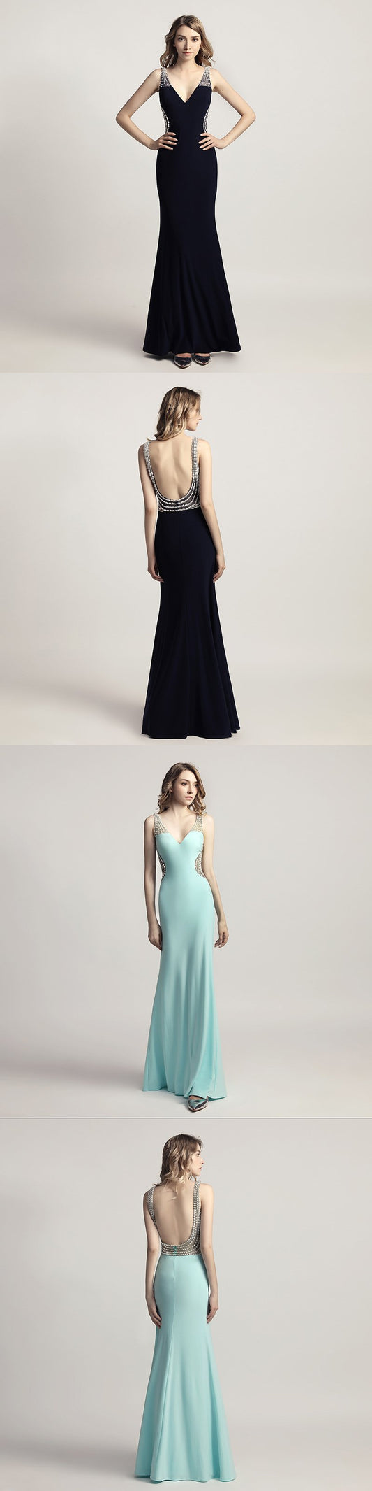 Sexy Beaded Long Prom Dresses Pearls Mermaid Evening Dresses Backless Sleeveless Formal Dresses