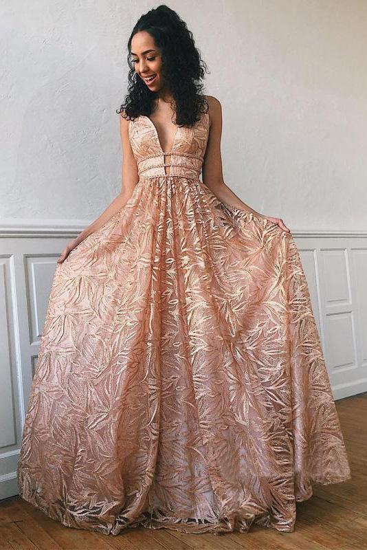 Elegant Lace Open-Back Evening Dresses | A-Line Deep V-Neck Long Prom Dresses - JLDressCA Elegant Lace Open-Back Evening Dresses | A-Line Deep V-Neck Long Prom Dresses - JLDressCA