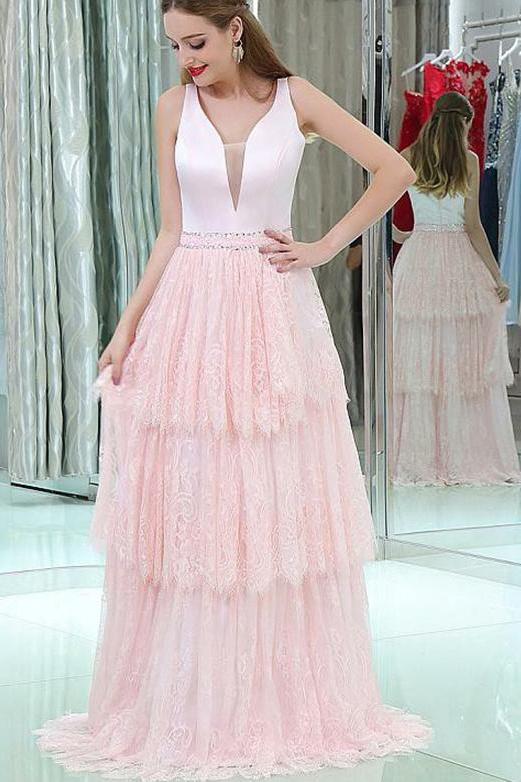 Elegant V-neck Sleeveless Lace Long Pink Prom Dress with Beading and Tiered Skirt - JLDressCA Elegant V-neck Sleeveless Lace Long Pink Prom Dress with Beading and Tiered Skirt - JLDressCA