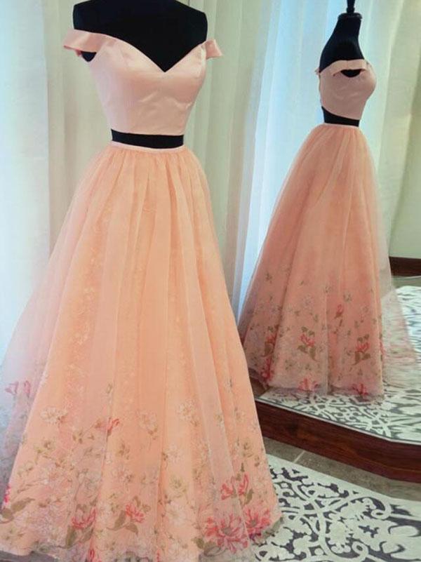 Blush Pink Off Shoulder Two Pieces Long Tulle Fluffy Floral Prom Dress - JLDressCA Blush Pink Off Shoulder Two Pieces Long Tulle Fluffy Floral Prom Dress - JLDressCA