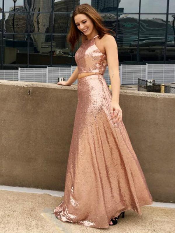 Sparkle Two Pieces Rose Gold Sequin Long Prom Dress | JLDressCA Sparkle Two Pieces Rose Gold Sequin Long Prom Dress | JLDressCA