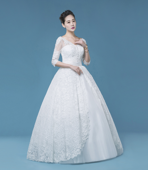 Long sleeves lace v-neck wedding dress, vintage wedding dress, WD76