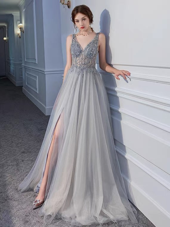 2021 Sexy V-Neck Beaded Side-Split A-Line Evening Prom Dresses - JLDressCA 2021 Sexy V-Neck Beaded Side-Split A-Line Evening Prom Dresses - JLDressCA